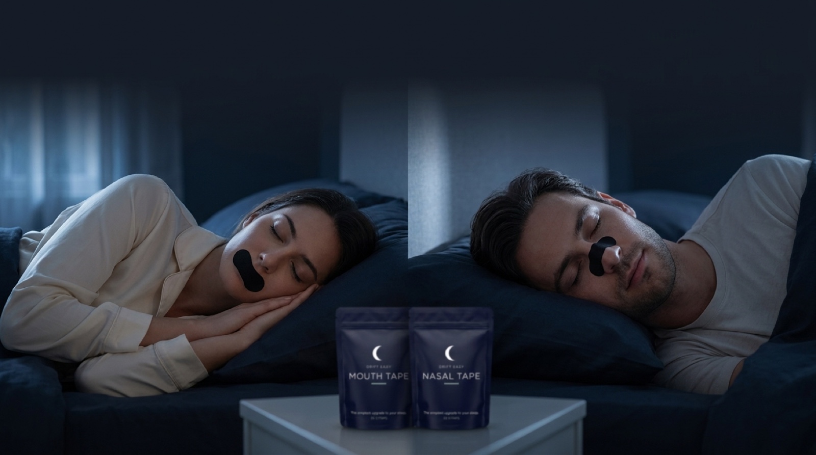 A woman and a man sleeping peacefully wearing Drift Easy mouth tape and nasal tape, with both product pouches on a bedside table